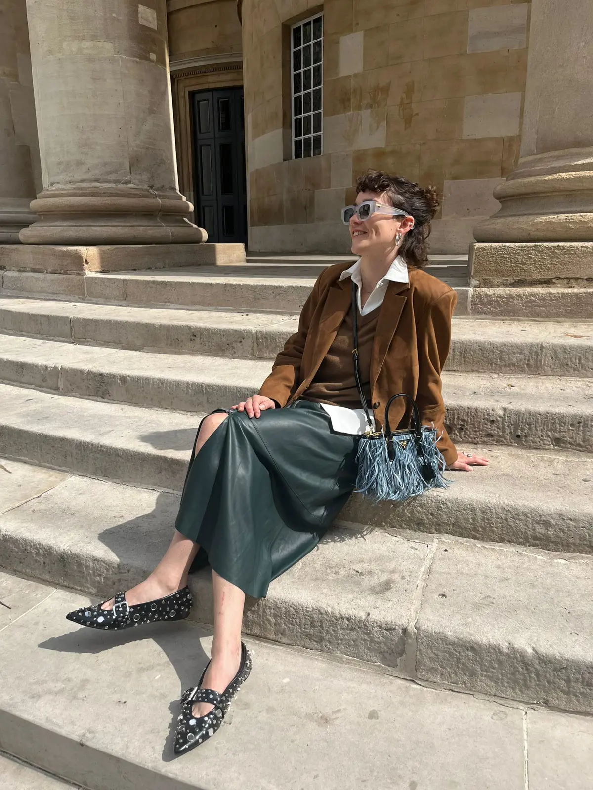 Nell Wears Green Leather Skirt And Brown Suede Jacket